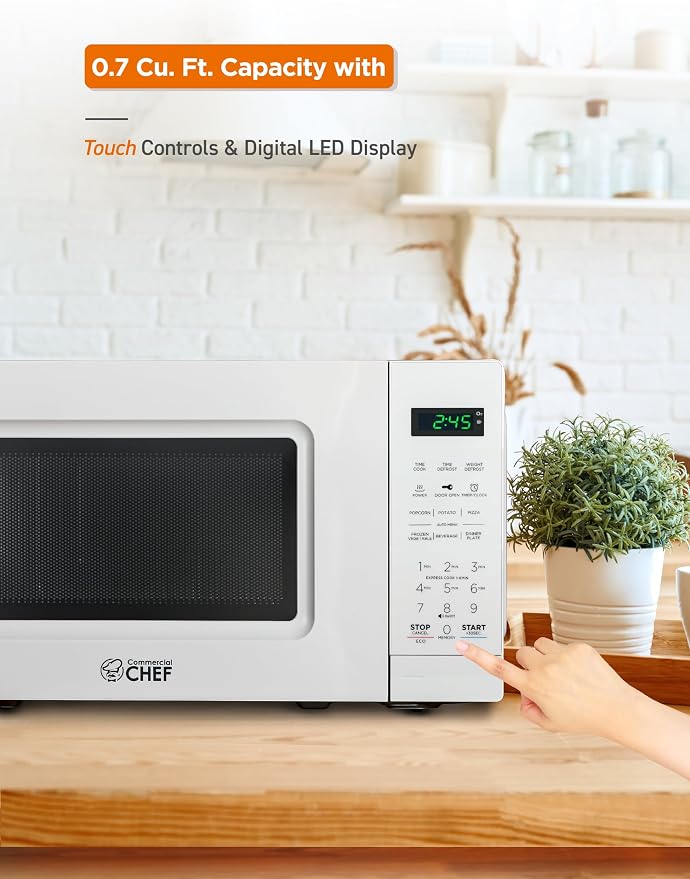 Commercial Chef 0.7 Cu. Ft. Countertop Microwave Oven, Touch Controls with Digital LED Display, 700W Small Microwave with 10” Turntable Plate, Push Button Door, 10 Power Levels, CHM7MW, White