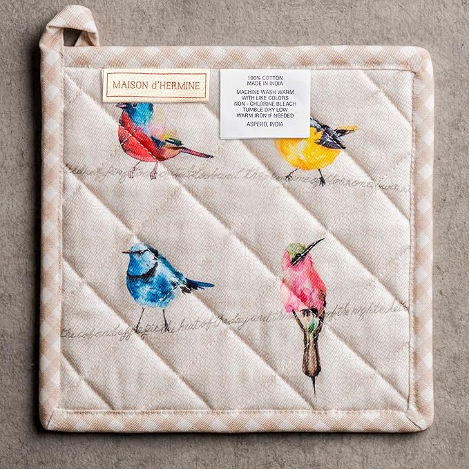 Maison d' Hermine Birdies On Wire 100% Cotton Pot Holder, 8 - inch by 8 - inch.