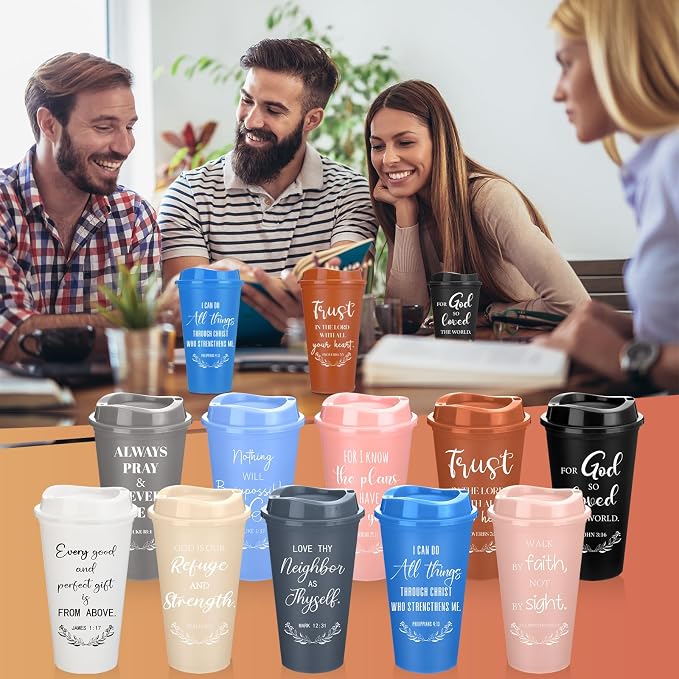 Skylety 40 Pack Bulk Christian Gifts for Men Women 16oz Reusable Bible Verse Tumbler Plastic Coffee Cup with Lid Inspirational Religious Church Gift for Teacher Graduation Party Favor (Morandi Color)