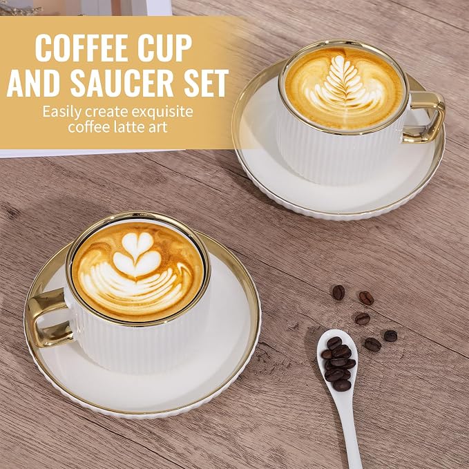 8.5oz Cappuccino Cups with Saucers Set of 6, Ceramic Coffee Cup and Saucer with Gold Rim, Vertical Ribbed Latte Mugs, White Porcelain Tea Cup Set for Wedding, Cafe, Party & Daily Use