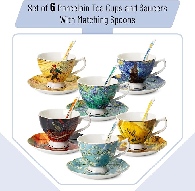 BTaT- Tea Cups and Saucers, Set of 6 with Spoon, 8 oz, Fine Porcelain Teacup Set with Gold Trim for Afternoon Tea, Weddings, Parties & Gifting, Dishwasher Safe, Lightweight, Non-Toxic