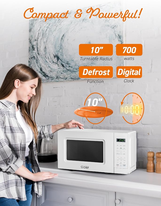 Commercial Chef 0.7 Cu. Ft. Countertop Microwave Oven, Touch Controls with Digital LED Display, 700W Small Microwave with 10” Turntable Plate, Push Button Door, 10 Power Levels, CHM7MW, White