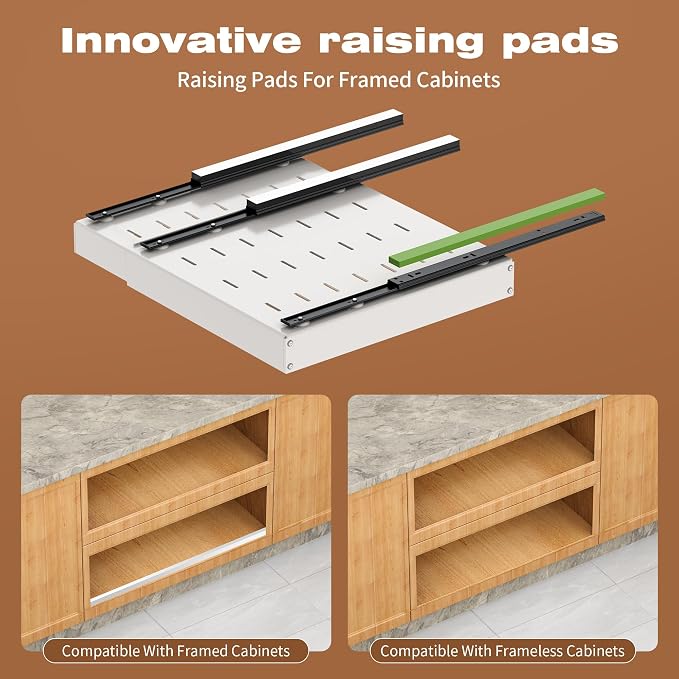 1 Pack Pull Out Cabinet Organizer Expandable,Adjustable 12-21 Inch Width Slide Out Drawer Shelves,Painted Carbon Steel with Heightening Pad,No Drill,for Kitchen/Bathroom/Pantry/Under Sink/Laundry Room