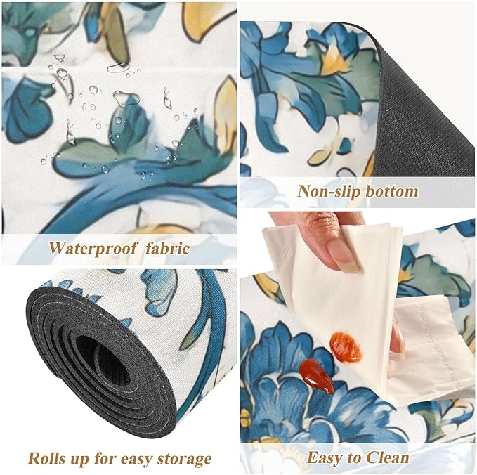 2 in 1 Table Runner Trivet for Hot Pots and Pans Heat Resistant Non Slip Waterproof 39 x 12 Inch Decorative Table Protector for Kitchen Countertop Floral Blue and Yellow Tile