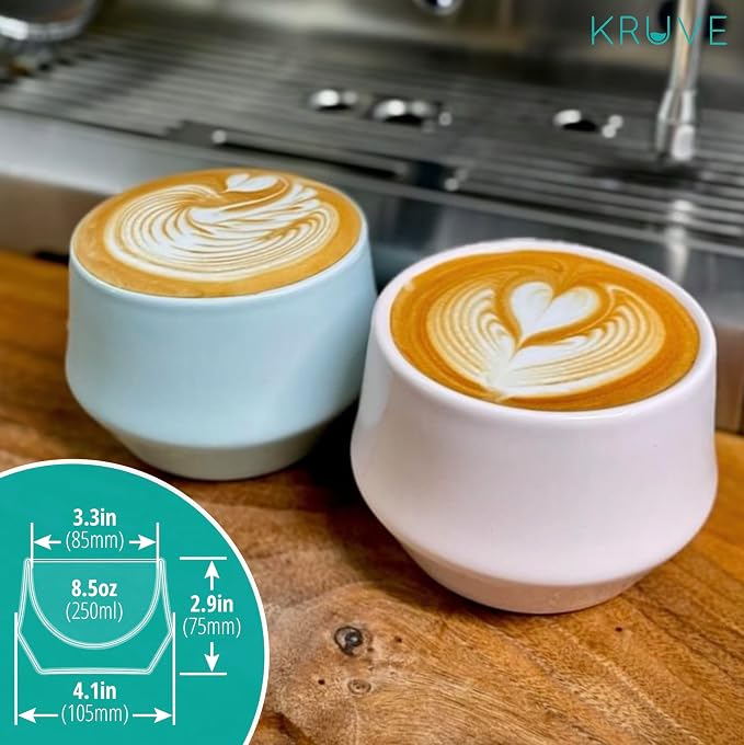 KRUVE IMAGINE Porcelain Latte Coffee Cups, Double Walled Espresso Cups, Glass Cups Set of Two - 8.5oz Thermal Spherical Design for Latte Art, Insulated Coffee Mugs for Heat Retention (Blue)