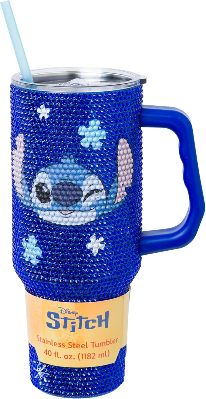 Silver Buffalo Lilo and Stitch Make Some Waves Wink Face Stitch 40oz Stainless Steel Rhinestone Tumbler
