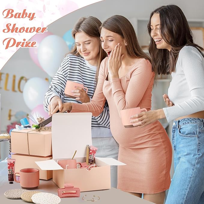 Reallnaive 61 Pcs Baby Shower Prizes for Game Winners Include Ceramic Mug Coaster Hand Cream Pen Spoon Bracelet Hair Clip Card Gift Box with Raffia for Guests Gender Reveal Bridal Shower Party(Pink)