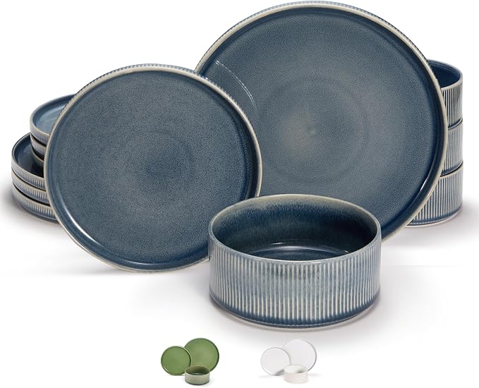 Ceramic Dinnerware Set, by Vase and Vessel, 12-Piece Service for 4, 9.8” Dinner Plates, 8” Salad Plates, 20 oz Bowls, Ombre Reactive Glaze, Durable Stoneware, Microwave & Dishwasher (Denim)
