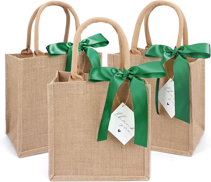 6 Pack Burlap Tote Bags with Handles Reusable Small Jute Gift Bags with Dark Green Silk Ribbons Waterproof Lining for Wedding Bridesmaid Mother's Day Bachelorette Beach Party