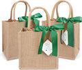 6 Pack Burlap Tote Bags with Handles Reusable Small Jute Gift Bags with Dark Green Silk Ribbons Waterproof Lining for Wedding Bridesmaid Mother's Day Bachelorette Beach Party