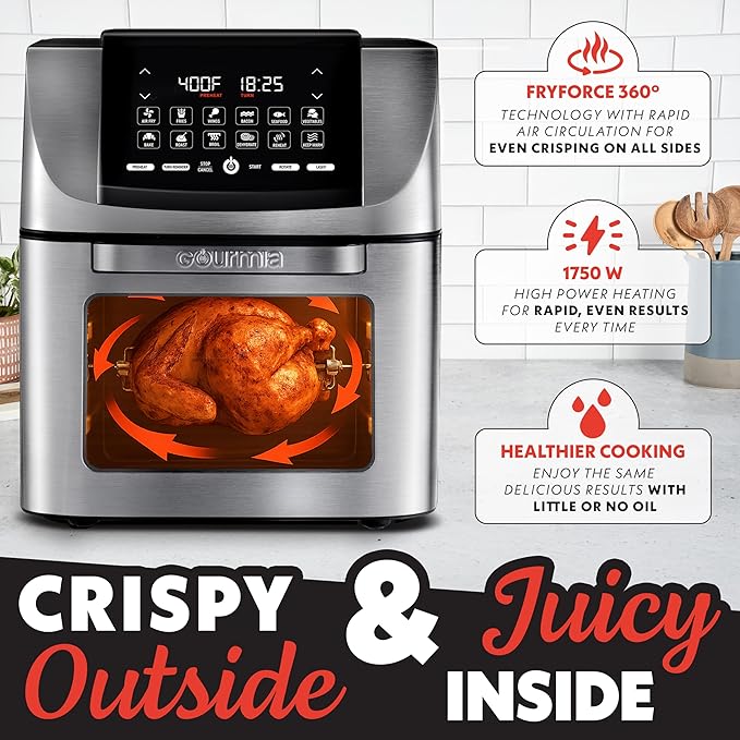 Gourmia Air Fryer - 14 Qt All-in-One Rotisserie Oven with Digital Display, 12 Presets, Roast, Bake, Broil, Dehydrate, Dishwasher Safe Accessories, Stainless Steel