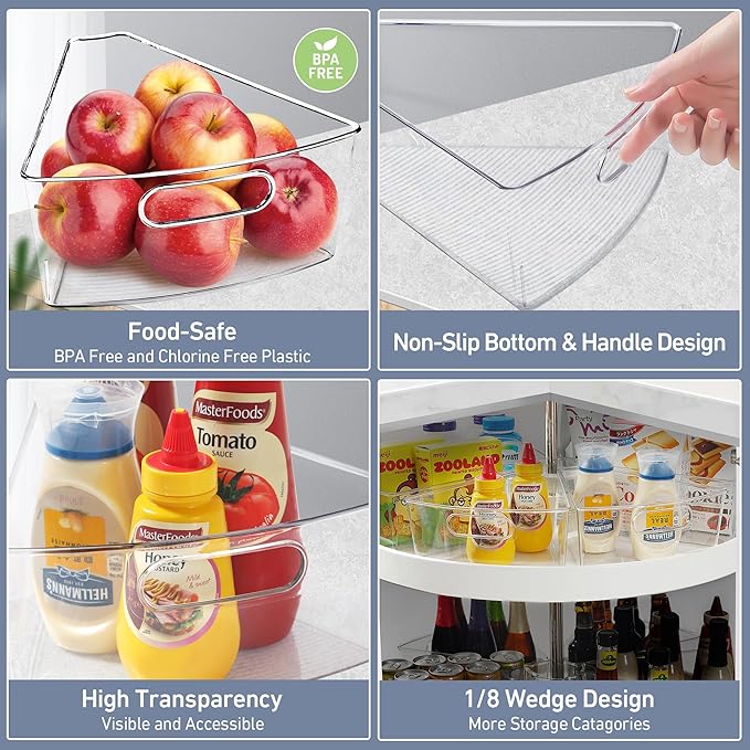 Leeden Lazy Susan Organizer for 32" Diameter Corner Lazy Susan, Plastic Kitchen Cabinet Storage Bins with Handle, 8 Packs, 1/8 Wedge - Food Safe, BPA Free