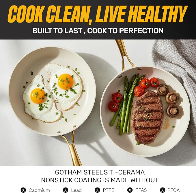 GOTHAM STEEL 15 Pc Ceramic Cookware Set Nonstick – Pots and Pans Set with Cooking Utensils & Steamer, Non Toxic PFOA/PFOS Free, Stay-Cool Handles, Oven & Dishwasher Safe, Cream White