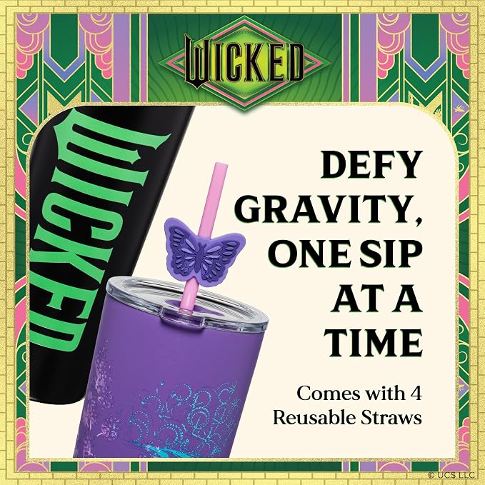 Dragon Glassware x Wicked: For Good 2-Pack 24 oz Vacuum Insulated Tumbler with Lid and Straw - Set of 2 Tumblers with 4 Straws and Toppers - Official Wicked Merch - For Good
