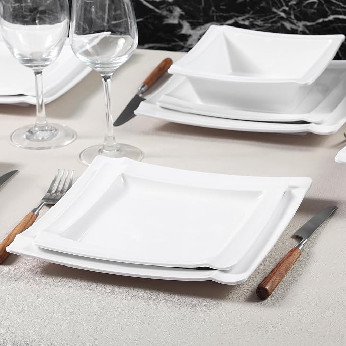 Square Melamine Dinnerware Sets of 12 Pcs,Square Plates and Bowls Sets,Unbreakable Dish Set for 4,Lightweight, Dishwasher Safe and BPA Free,Suit for RV,Camping（White）
