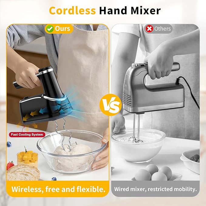binROC Cordless Electric Hand Mixer, 12-Speed Rechargeable Handheld Mixer with Eject Button, 6 Stainless Steel Attachments, Snap-On Storage Case, LED, Self-Stand for Baking, Cake, Dough, Egg (Black)