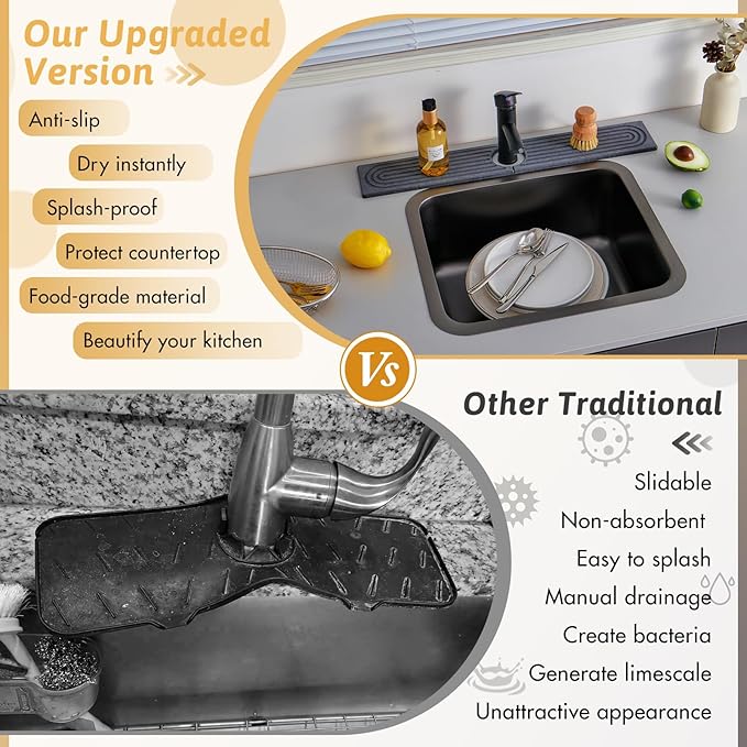 Faucet Mat for Kitchen Sink, 24'' Long Diatomite Sink Protector Splash Guard Draining Mat, Quick Drying Stone Sink Tray, Water Absorbent Soap Sponge Holder for Bathroom, Women Birthday Gift, Dark Gray