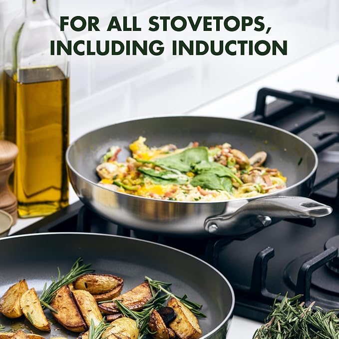 GreenPan Chatham Tri-Ply Stainless Steel 3-Piece Frying Pan Set, 8", 9.5", 11", PFAS-Free, Induction, Ceramic Nonstick Coating, Durable Cookware for Searing Sautéing & Frying, Oven & Dishwasher Safe