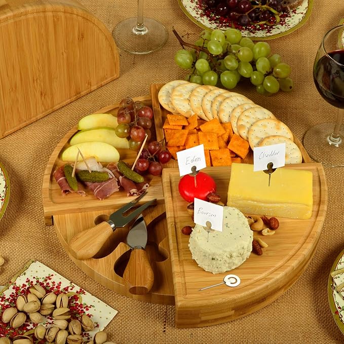 Picnic at Ascot Custom Personalized Engraved Bamboo Cheese/Charcuterie Board - US Patented Designed enables All in One Storage