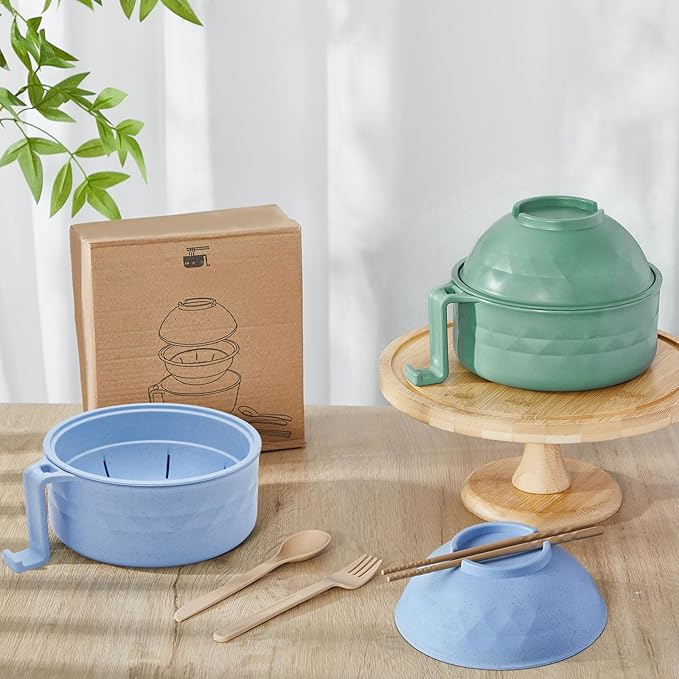 2 Sets Microwave Ramen Bowl 40 oz Wheat Fiber Portable Instant Noodle Cooker Bowl with Handles Strainer Spoon Chopstick Fork College Dorm Room Apartment Essentials(Green,Blue)