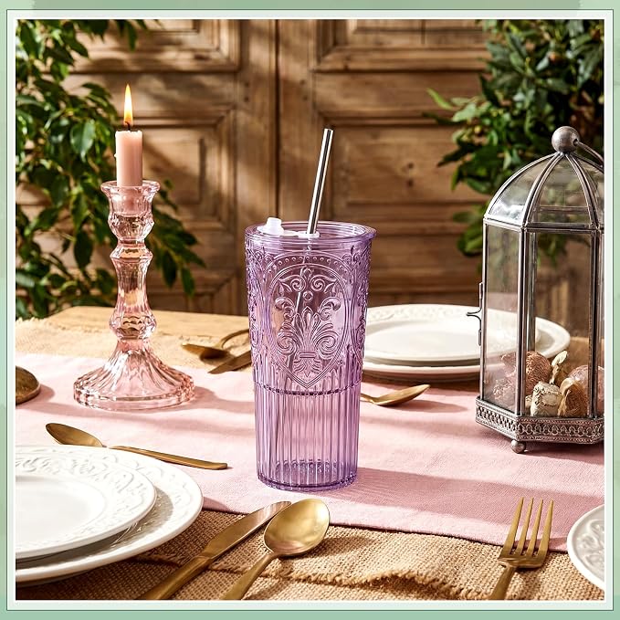 2 Set 20oz Vintage Plastic Tumbler with Lids and Straws Ribbed Floral Drinking Glasses Reusable Iced Coffee Cups for Water Juice Smoothie Cocktail Travel Party Events Gift (Purple)