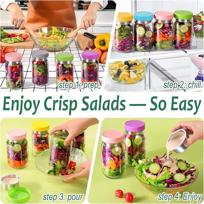 KTKUDY 4 Pack 32 oz Glass Salad Jars with Dressing Cups (Pod) - Meal Prep Salad Container for Lunch - Leakproof Mason Jars with Lids