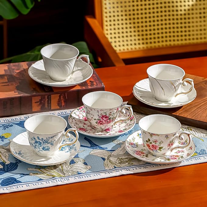 Agyiuns tea cups and saucers ceramic coffee mug 6oz for Coffee, Latte, Cafe Mocha and Tea-Set of 4 (Big flowers-Set of 4)