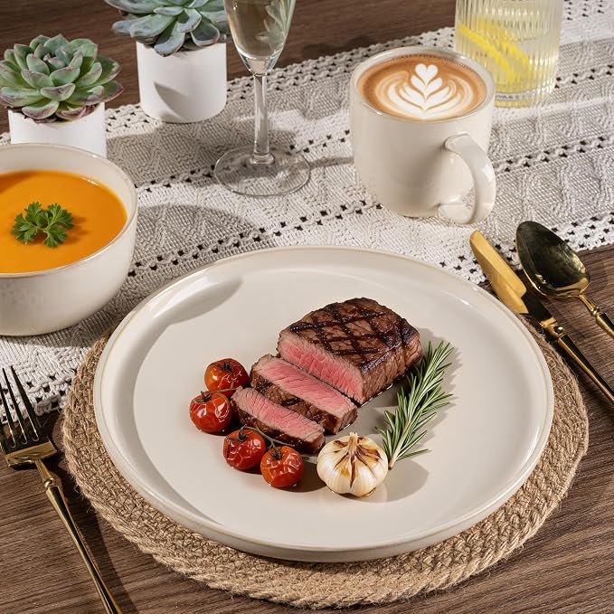 GBHOME Dinnerware Sets for 4, 12 Pieces Stoneware Plates and Bowls Sets, Scratch Resistant Dishes, Dishwasher & Microwave Safe, Reactive Glaze-Vanilla color