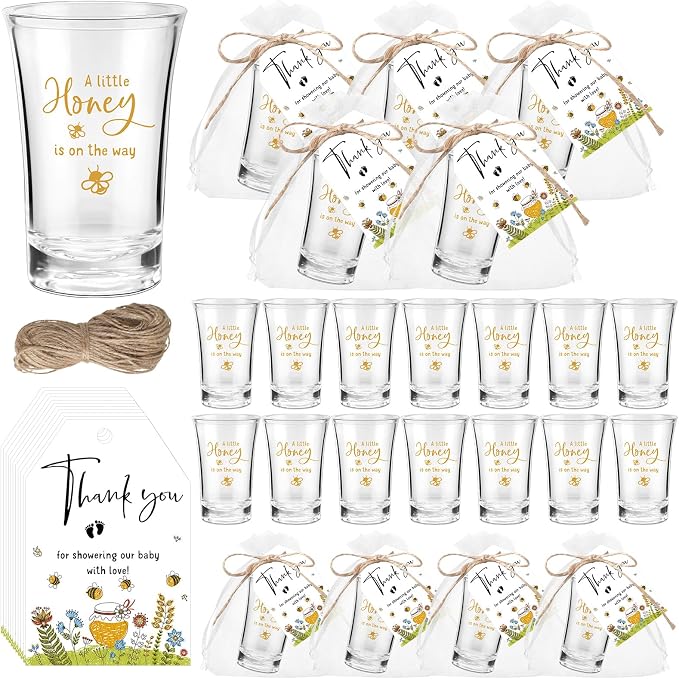 Pickmesh 50 Sets Honey Bee Baby Shower Shot Glasses for Guests Include Little Honey Is on The Way Acrylic Shot Glasses Bee Cards Bags for Gender Reveal Summer Party Favors Supplies