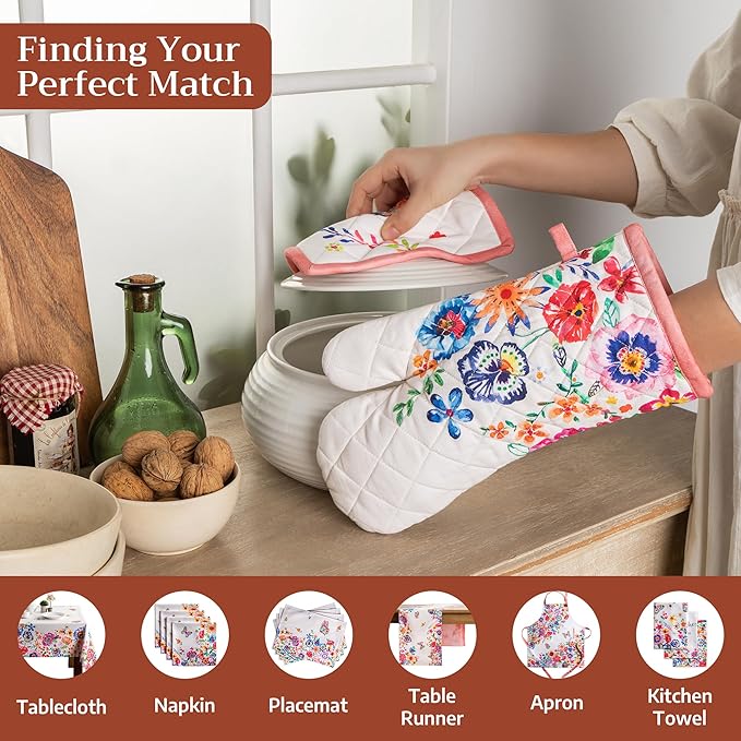 Maison d'Hermine Oven Gloves 100% Cotton Oven Mitt 7" x 13" with Loop Heat Resistant BBQ Cooking Gloves Baking Grilling Gifts for Mothers Day Spring/Summer(Pack of 1, Happy Florals - High Summer)