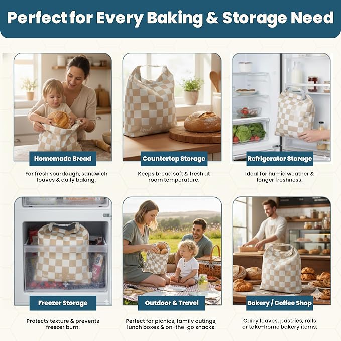 3-Pack Reusable Beeswax Bread Bags (XL, M, S) - Organic Cotton Beeswax Bread Storage Bag for Homemade Bread & Sourdough Freezer-Safe, Breathable & Freshness Support - Eco-Friendly Bread Bag