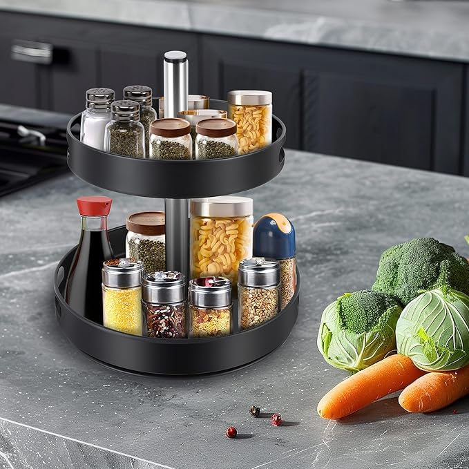 Lazy Susan Turntable Spice Rack, 2 Tier Adjustable Height Rotating Spice Organization, Revolving Seasoning Organizer 12 Inch for Kitchen Countertop Pantry Dining Table Coffee Storage(Black)