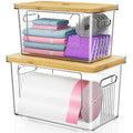 2 Pack Trash Bag Holder with Bamboo Lid, Stackable Acrylic Trash Bag Dispenser Roll Holder Under Sink, Plastic Container Garbage Bags Storage Organizer for Kitchen, Pantry, Laundry Room Organization