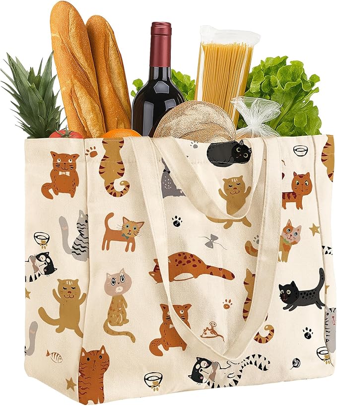 Miss Adola Large Canvas Grocery Tote Bag - Reusable Extra Large Shopping Shoulder Bags with 6 Inner Pockets & 2 Handle Strap