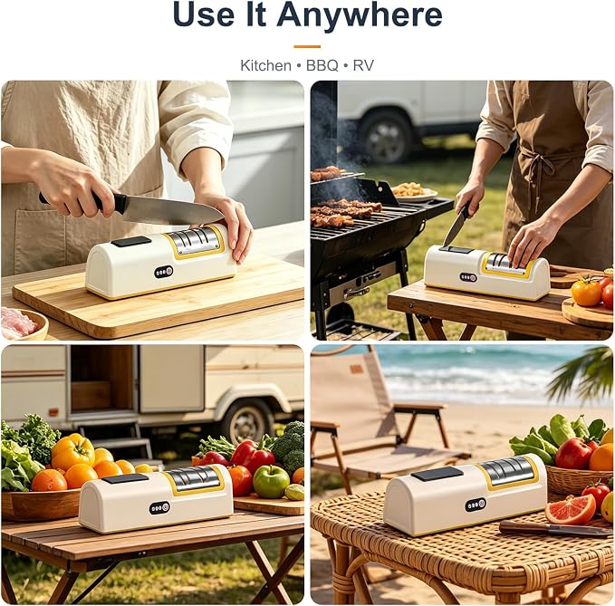 3 Stage Electric Knife Sharpener 2 Speed, Coarse & Fine Slots with Extra Fine Honing Stone on Handle, 20° Precision Angle Guide, Rechargeable Cordless Battery & Plug-in for Chef Knives