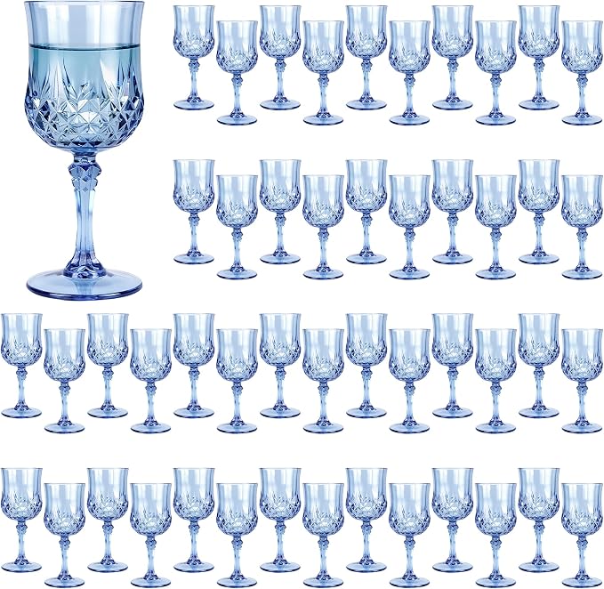 Plastic Wine Glasses, Plastic Goblets Vintage Style Cordial Unbreakable Drinking Glasses for Wedding Reception, Grand Event Party Supplies(48, Blue)