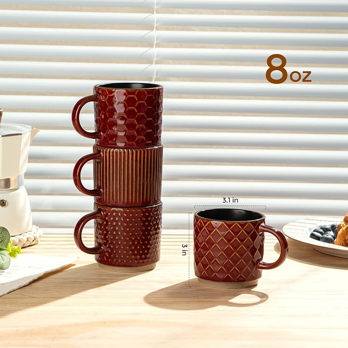 GBhome 8OZ Stackable Coffee Mugs, Ceramic Coffee Mugs with Texture Patterns for Man,Woman,Dad,Mom, Modern Coffee Cups Set of 4 for Espresso/Cappuccino. Dishwasher&Microwave Safe,Red