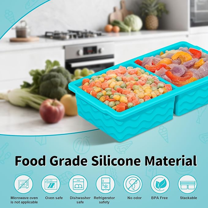 Doasuwish 3-Pack Silicone Freezer Trays with Lid,2 Large 2-Cup(500ml)&4 Medium 1-Cup(125ml)&6 Small 1/2-Cup(75ml) Soup Freezer Container Molds,Ice Cube Tray For Meal Prep&Freezing Soup,Stews,Sauces