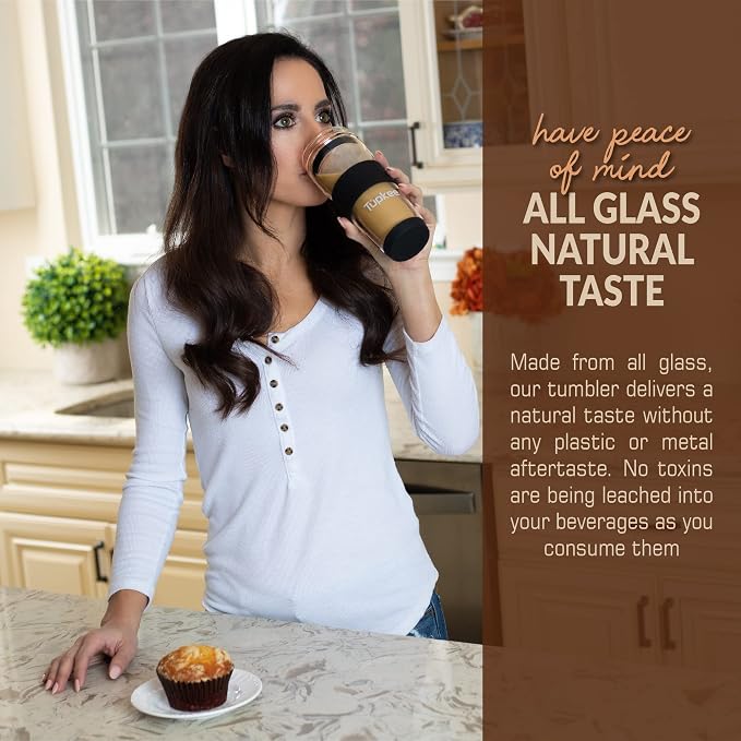 Double Wall All Glass Tumbler - 14-Ounce, Reusable Insulated Tea/Coffee Mug & Lid, Hand Blown Glass Travel Mug - Black - 2 Pack