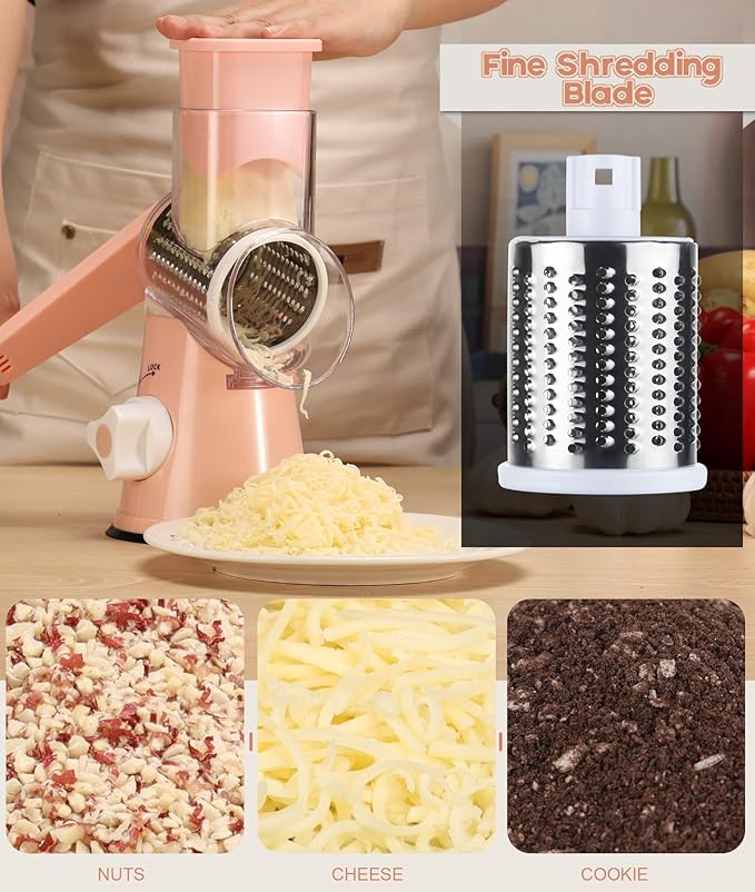 Ourokhome Rotary Cheese Grater Hand Crank, Kitchen Shredder Speed Mandolin Slicer Nuts Grinder with Handle,Vegetable Chopper Onion Cutter with Container, Multifunctional Food Chopper Veggie Dicer with