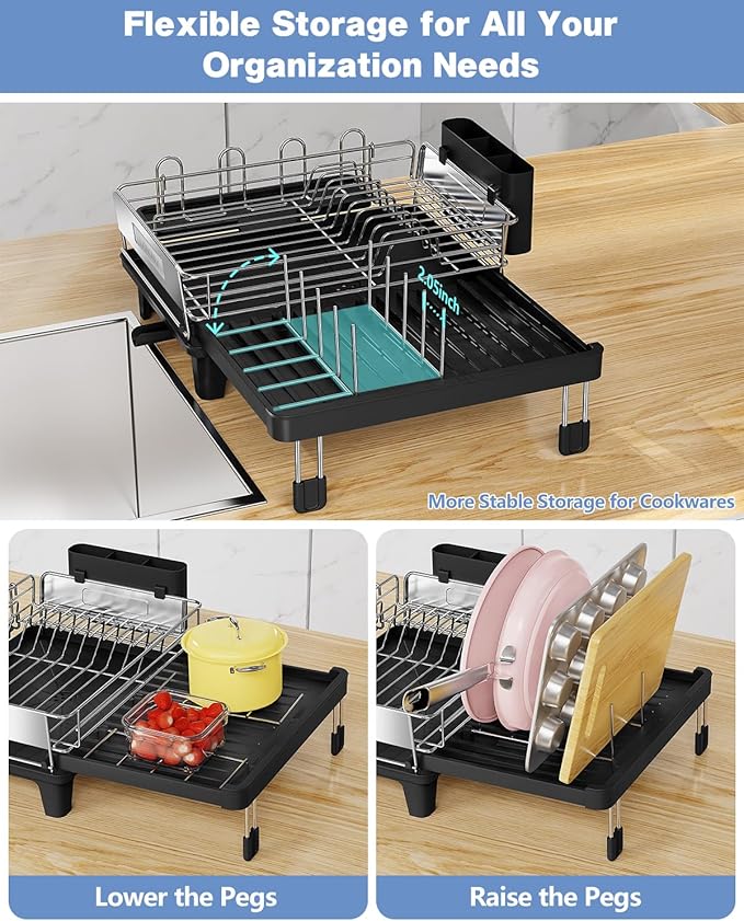 Expandable Dish Drying Rack, Dish Racks for Kitchen Counter, Stainless Steel 304, Flip-Top Retractable Plate, Multi-Directional Adjustable Dish Rack, Space Saving Large Drying Rack Kitchen, Black