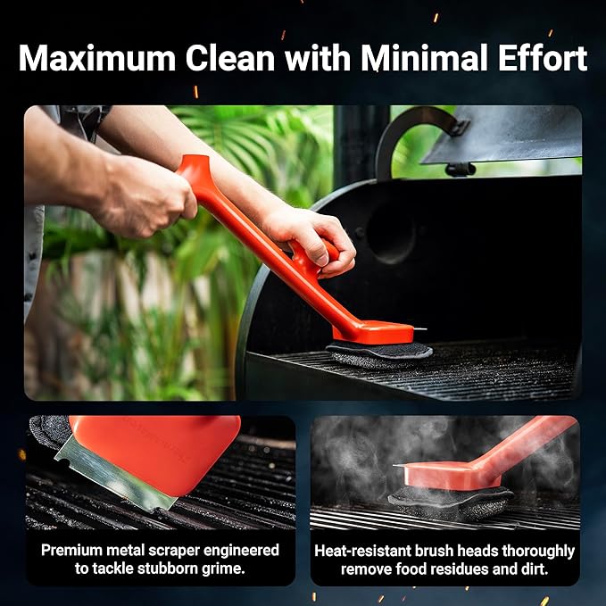 ThermoMaven Bristle-Free BBQ Grill Brush - No Wire Risk Steam Cleaner Removes Burnt Grease Fast - 17" Cool-Touch Handle, Scraper & 3 Replaceable Heads for Gas, Charcoal & Cast Iron