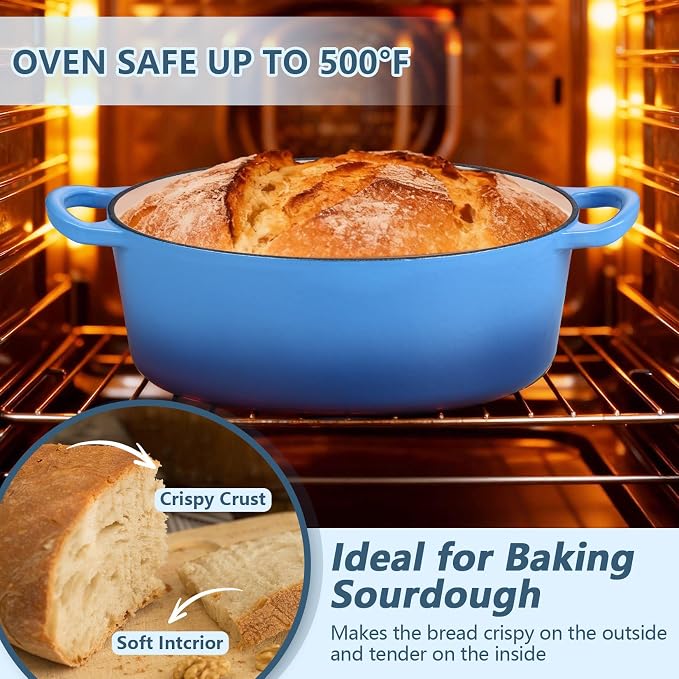 P&P CHEF Oval Dutch Oven with Lid, Enameled Cast Dutch Oven Pot for Bread Baking, Braising, Stewing, Roasting, Non-Stick & Oven Safe, Dual Handles & Easy Clean, 5QT & Blue, Valentine's Day