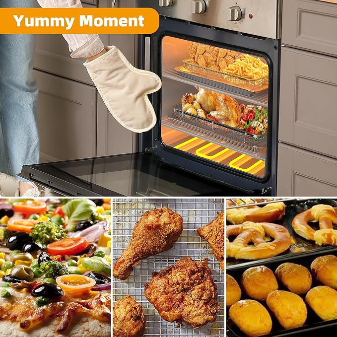 Air Fryer Basket for Oven, 3 Set Stainless Steel Oven Air Fryer Basket and Tray with 90 PCS Parchment Papers,YEPATER Air Fryer Pan and Crisper Tray for Baking Grilling Cooking and Frying