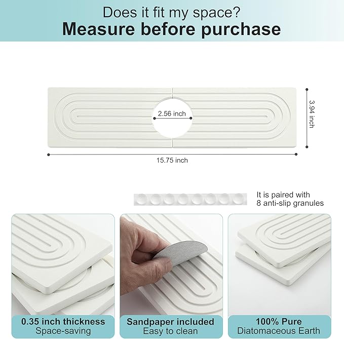 Faucet Mat for Kitchen Sink, Diatomite Fast Drying Stone Sink Tray, Super Absorbent, Prevents Moisture Buildup - Faucet Splash Guard for Bathroom Counter, Kitchen [White, 15.8" x 3.9"]