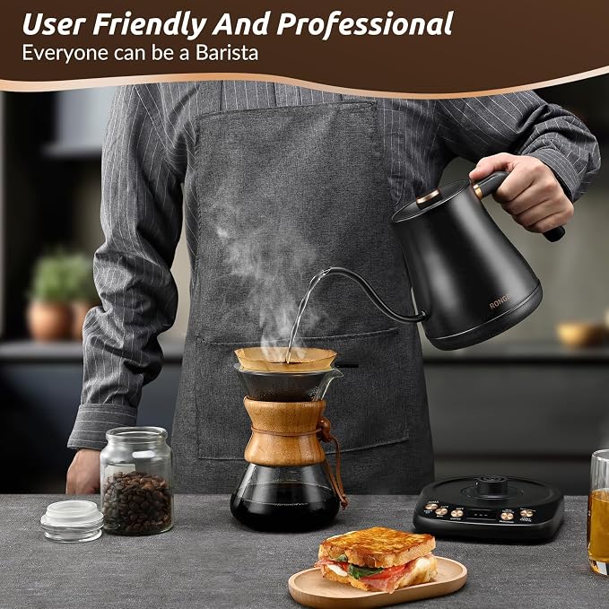 RONGBEST Electric Gooseneck Kettle 1L, 6 Temperature Control Presets, 1200W Quick Heating Water Pour Over Coffee & Tea Pot with Auto Shut-off & Keep-warm, Stainless Steel Inner & Lid, Matte Black
