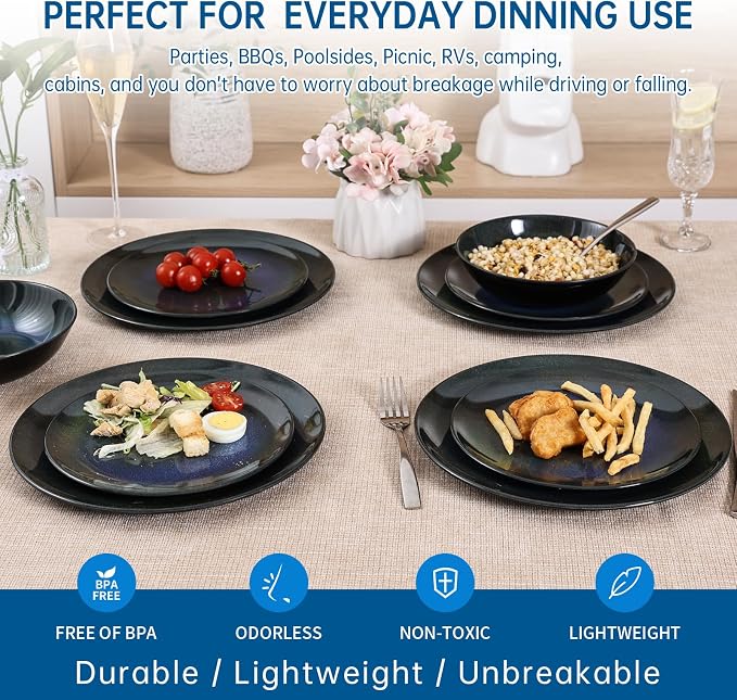 Melamine Dinnerware Set, 12pcs Plates and Bowls Set, Blue Dinner Dishes Set for Indoor and Outdoor, BPA-Free, Dishwasher Safe（Blue Cosmic）