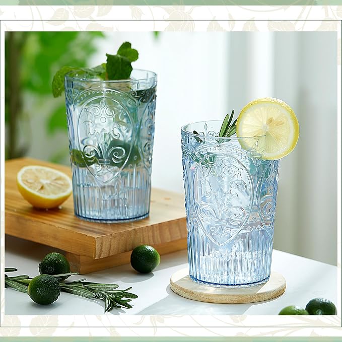 48 Pcs 16 oz Plastic Vintage Drinking Glasses Stemless Ribbed Highball Glasses Bulk Embossed Reusable Cup for Water Beer Cocktails Juice Wedding Bridal Shower Birthday Event Party (Blue)