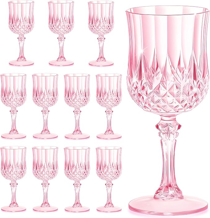 7OZ Plastic Wine Glasses, Reusable Vintage Goblets Unbreakable Drinking Glasses Crystal Water Cups Champagne for Wedding, Parties (12, Pink)
