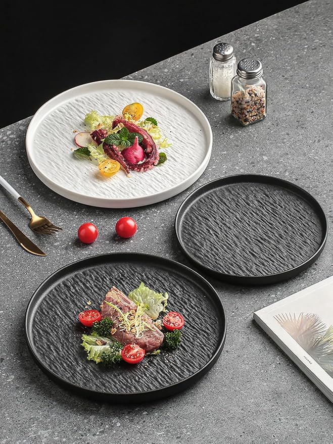 Ceramic Dinnerware set for 4 Matte Black, 16 pcs, Dish set for 4 | Kitchen Plates and Bowls Set Porcelain, Rock-Textured Dishware Sets Stoneware Dinner Plates Sets Platos de Cocina Vajilla
